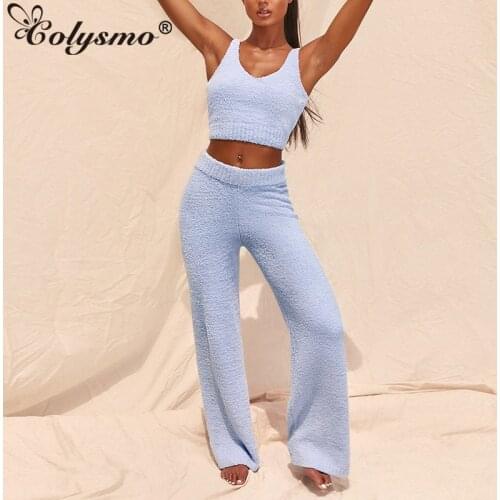 Colysmo Knitted Crop Top And Flared Pants Two Piece Sets Women Autumn Home Wear 2 Piece Outfits Casual Sweater Set 2020 New