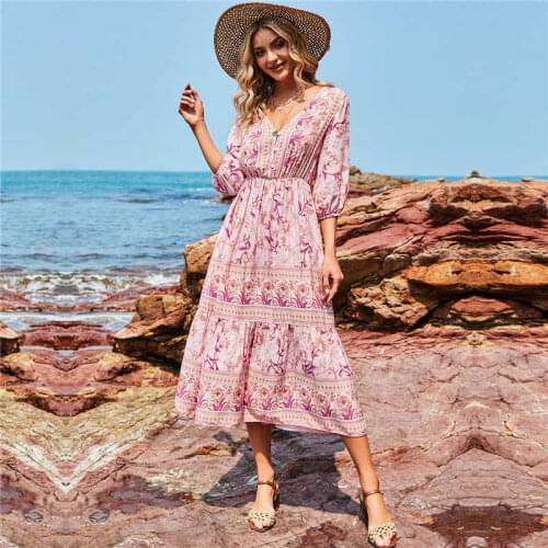 Womens Spring Bohemia Floral Printed Dress Fashion 2021 New V Neck High Waist Half Sleeve Summer Ladies A-line Long Dress