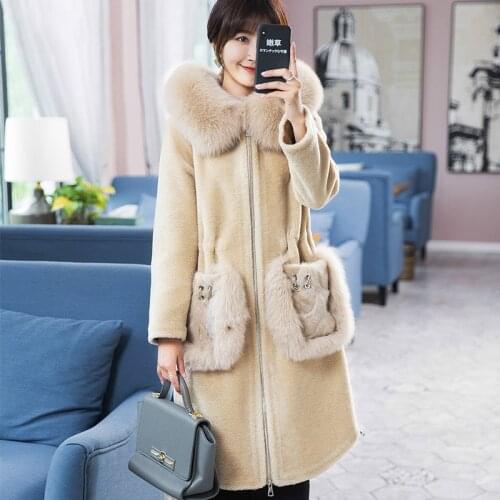 Real Fur Coat Women Sheep Shearling Jacket 2020 Long Warm Wool Coats Natural Fox Fur Hooded Winter Jackets 18108 WYQ1883