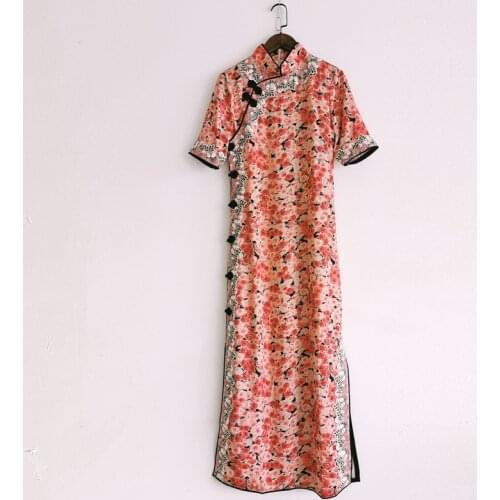 2021 summer floral printed women mid-calf dresses embroidery pink quality party dress Chinese style slim Poplin dress