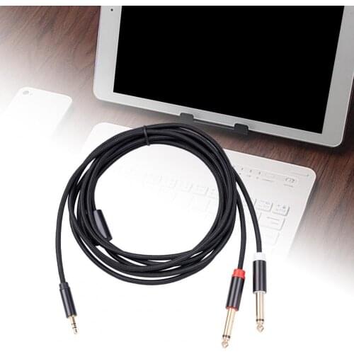 Audio Cable Gold-plated Plug Cotton Woven Net Black 3.5mm to Double 6.35mm Auxiliary Cord for Speaker