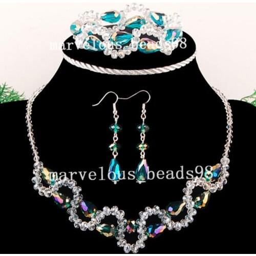 Free shipping Fashion Jewelry Malachite Green Crystal Faceted Beads Necklace Bracelet Earrings SET G3757