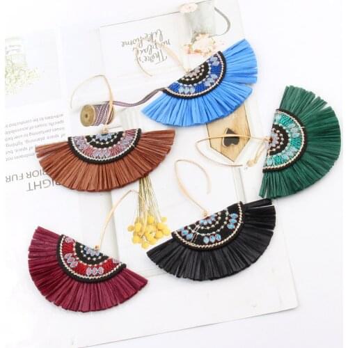 Bohemian Ethnic Cloth Hand-knitted Floral Fan Shape Retro Earrings Delicate Lafite - Grass Womens Tassel Drop Jewelry Earrings