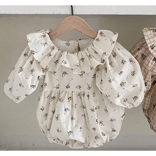 Korean childrens clothe baby one-piece clothes 2021 spring and autumn flower lotus leaf collar bag fart clothes
