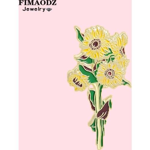 FIMAODZ Retro Van Gogh Sunflower Brooches For Men Women Art Collection Exquisite Flower Shape Enamel Pin Clothes Accessories