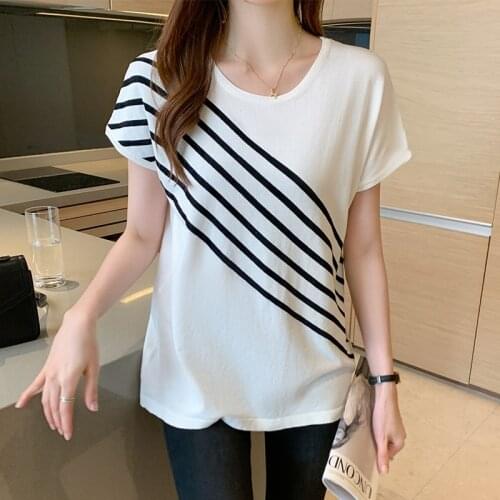 Summer Fashion T-shirt Womens Tops Striped Loose Short Sleeve T-shirts Plus Size Women Clothing