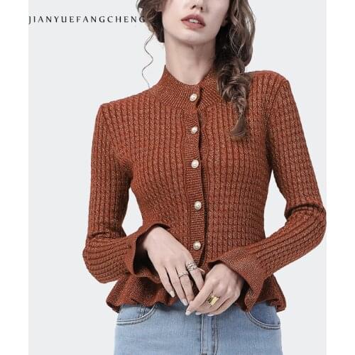 2021 Autumn New Women' Stand Collar Knitted Cardigans Long Sleeve Elegant Slim Skirted Thin Outwear Sweater Casual Tops