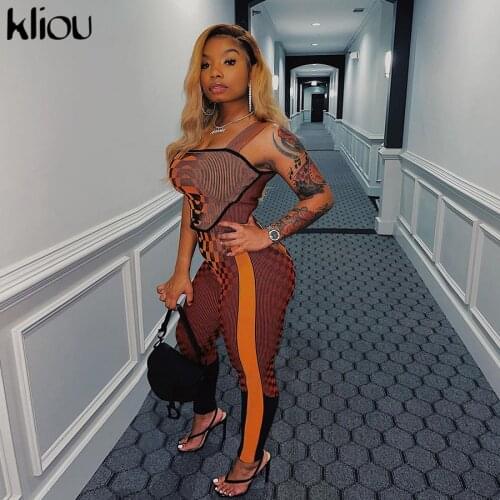 Kliou Printed Plaid Striped Two Piece Set Women Sleeveless Crop Top And Stretchy Pants Bodycon Matching Outfits Streetwear Hot