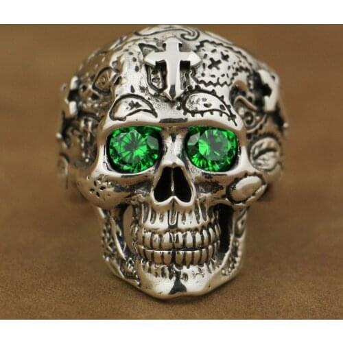 925 Sterling Silver High Detail Skull Cross Green CZ Eyes Mens Biker Ring TA57