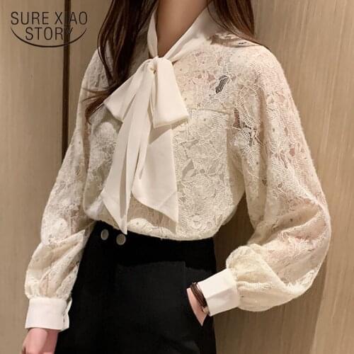 Autumn and Winter Korean Fashion Bow Tie Women Lace Shirt Female Casual Blouse Lantern Sleeve Blusas Mujer De Moda 2020 10566