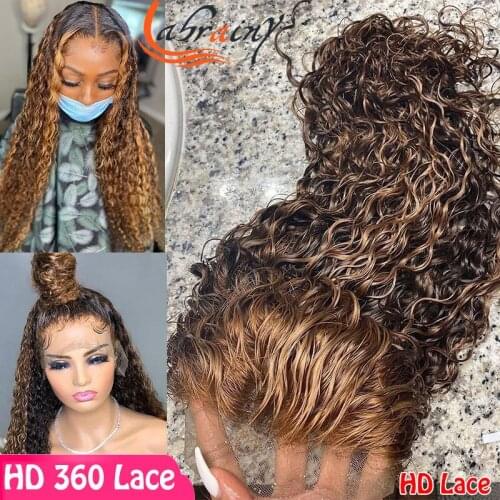 13x6 Highlight Honey Blonde 30 Inch HD Transparent Lace Front Human Hair Wigs Full Ombre Colored Kinky Curly Wig Pre Plucked