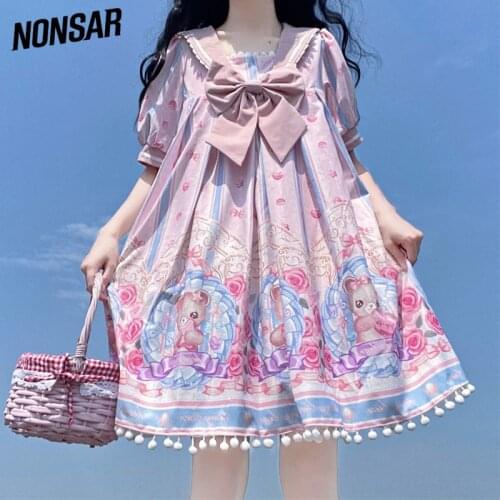 NONSAR Summer Short Sleeve Lolita Dress Soft For Girls Party Elegant Clothes Women Sweet Cute Bow Dress 3Colors