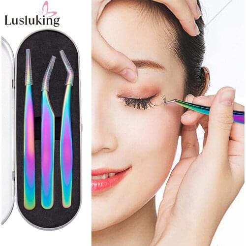 Makeup Professional Eyelash Tweezers Curved Straight Tip Stainless Forceps Extensions Manicure Nail Art Tools Suit With Box