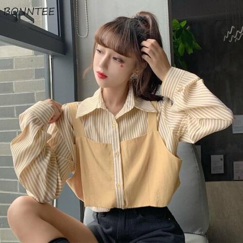 Shirts Women Fake Two Pieces Design Ulzzang Simple Lovely Tender Loose College Soft Lady Clothes Trendy Popular Teens Patchwork