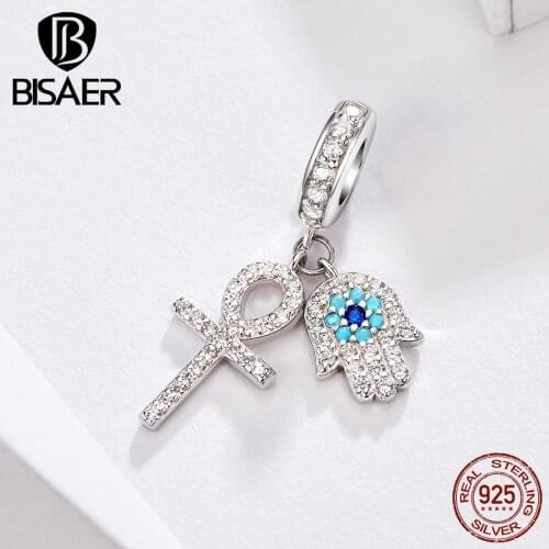 BISAER Silver Charms 925 Sterling Silver Guardian Fatima Hand Charms Lucky Hamsa Hand Beads fit Bracelets DIY Jewelry EFC084