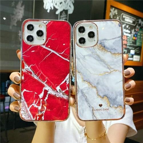 Stylish ElectroPlated Red Marble Phone Case For iPhone 12 11 Pro XS MAX 7 8 Plus XR SE2020 Soft IMD Transparent Back Cover Coque