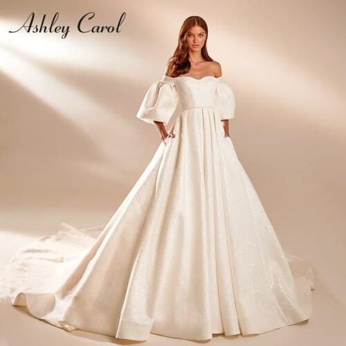 Ashley Carol A-Line Wedding Dress 2021 Off the Shoulder Lace Princess Bride Detachable Puff Sleeve Cathedral Train Bridal Gown