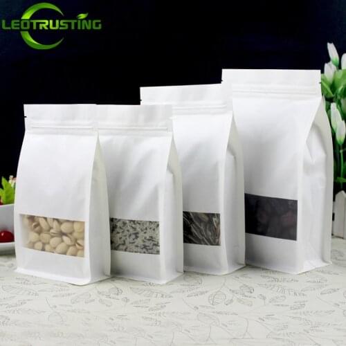50pcs 3D White Stand up Paper Window Zip Lock Packaging Bag Resealable Snack Cookie Tea Coffee Spice Sugar Nuts Storage Pouches