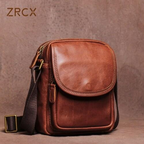 ZRCX Vintage Crossbody Bag Genuine Leather Mens Shoulder Brown Fashion Casual Classic Messenger Man Small Bags 7.9 Inch iPad