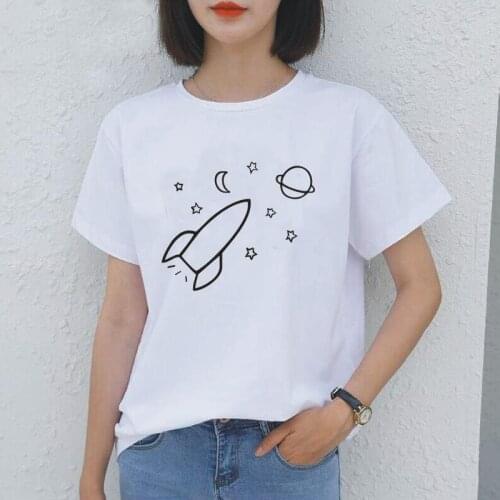 Rocket Stars Space Planet Print Women Tshirt Summer Short Sleeve Casual Tee Shirt Femme Hipster Shirt Women Tops Camiseta Mujer