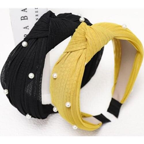 Women Lace Headband Pearls Solid Hairband Knot Adults Hair Accessories Women Elegant Headwear Bow Wide Head Band Mesh Hair Hoop