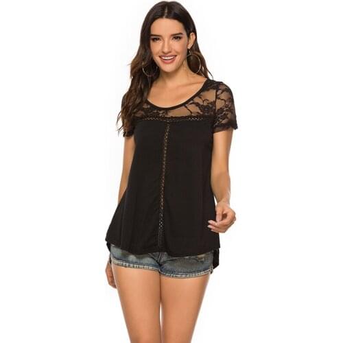 Womens 2020 Casual Short Sleeve Lace Patchwork Loose T-Shirt Solid Color O Neck Top Ladies Hollow Out Sleeve Tops Elegant