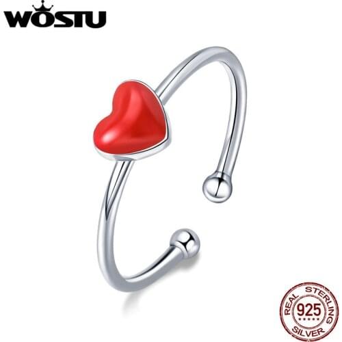 WOSTU Trendy Design 925 Sterling Silver Cute Red Heart Open Rings For Women Fine Jewelry Adjustable Ring Christmas Gifts CSR156
