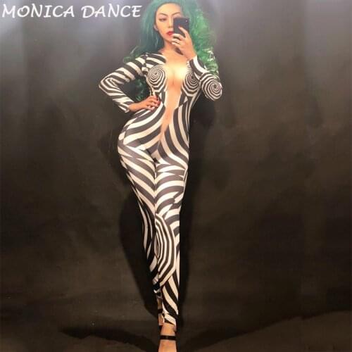 Women Sexy Stage Nightclub Dj DS Gogo Jumpsuit 3D Printed Zebra Pattern Bodysuit Party Celebrate Dancer Singer Dance Wear