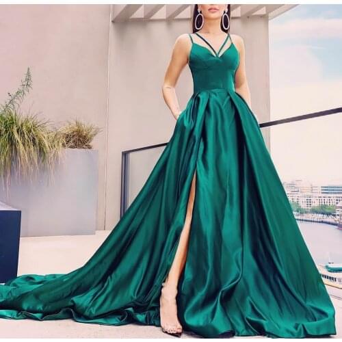 Elegant Long A-Line Green Prom Dresses with Pockets Zipper Back Robe De Soiree Floor Length Satin Formal Party Gown for Women