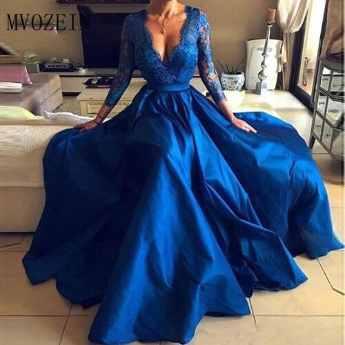Royal Blue Evening Dress Lace Long Sleeve Prom Dress A Line V Neck Satin Split Formal Party Gown Plus Size Robe De Soiree