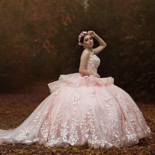 Elegant vestidos de xv años Pink Quinceanera Dresses Appliqued Crystal Ball Gown Prom Sweet 16 Dress robe de princesse fille