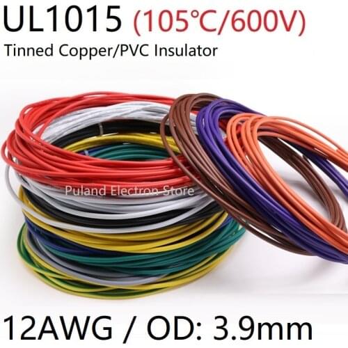 12AWG UL1015 PVC Wire OD 3.9mm Insulated OFC Tinned Copper Electron Conductor Cable Lamp Environmental DIY Line Colorful 600V