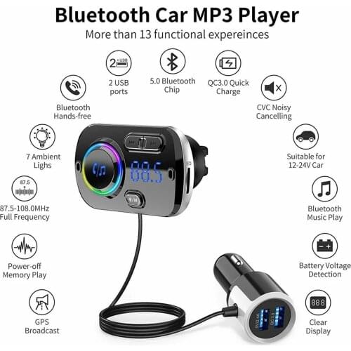 Bluetooth-compatible 5.0 USB Car Charger FM Transmitter Handsfree Car Kit Music Receiver