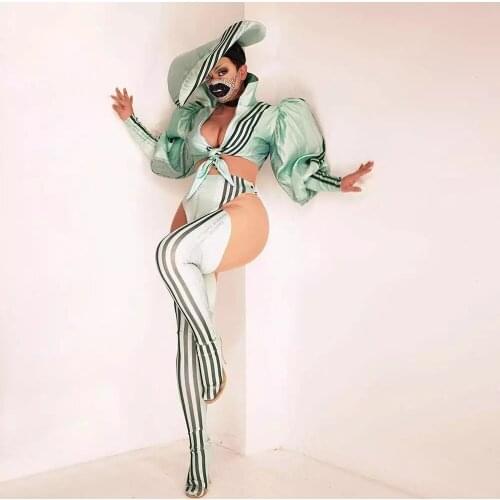 Black Stripe Shirt Short Cap Legging Outfit Prom Party Club Show Wear Set Women DS Jazz Dancer Bar Singer Outfit Set