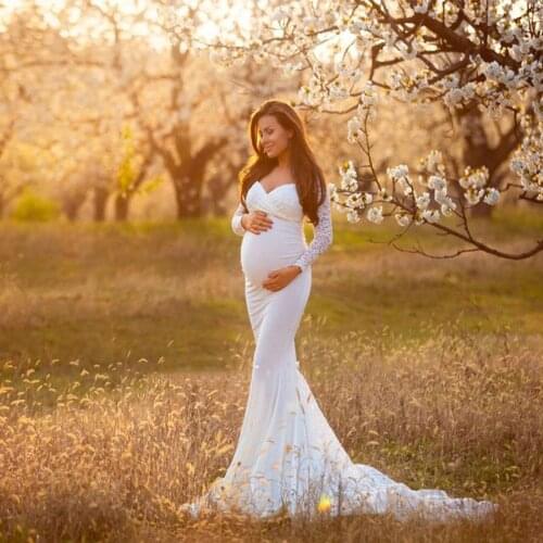 CloverBridal Sexy Lace Maternity Dresses For Pregnant Bridal Baby Showers Photo Shoot Long Sleeve Gown Dresses for Photo WW8406