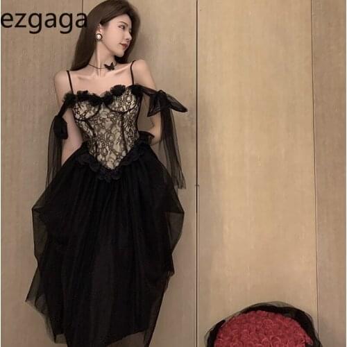 Ezgaga Women Sexy Dress 2021 Summer New Sleeveless Ribbon Lace Patchwork High Waist Elegant Dress Party Mesh Slim Fairy Vestidos