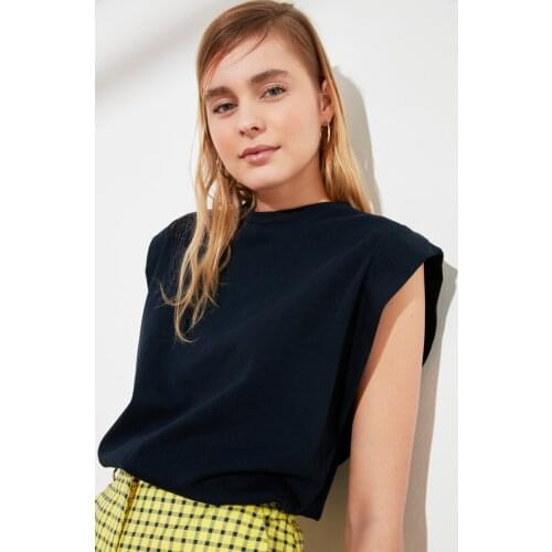 Navy blue Sleeveless Basic womens Knitted T-Shirt Summer Casual Cutout Fashion Design COTTON