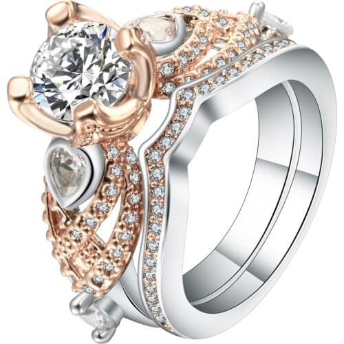 Hainon Rose Gold color Rings Luxurious Wedding Accessories 6mm Round Cubic Zirconia Ring Sets Silver Color Rings For Women