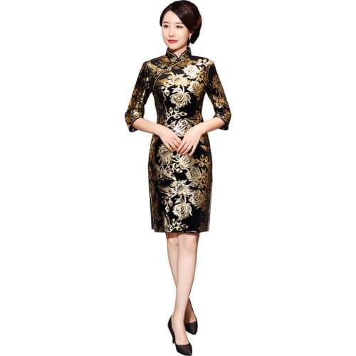Shanghai Story Knee Length Velvet Cheongsam Chinese Dress Embroidery Qipao