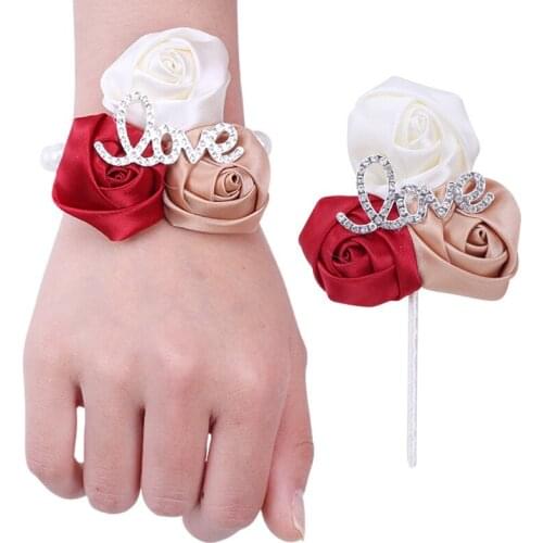 Korean Hot-selling Bride Wrist Corsage Groom Suit Lapel Pin Ribbon Rose Rhinestone Handmade Wedding Party Supplies XH33-H