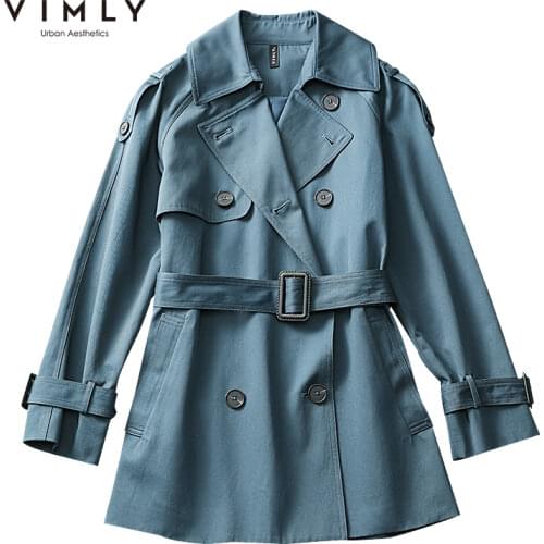 VIMLY Short Trench for Women Autumn Winter 2021 Korean Fashion Lapel Double Breasted Jacket with Belt Elegant Female Coat F8908