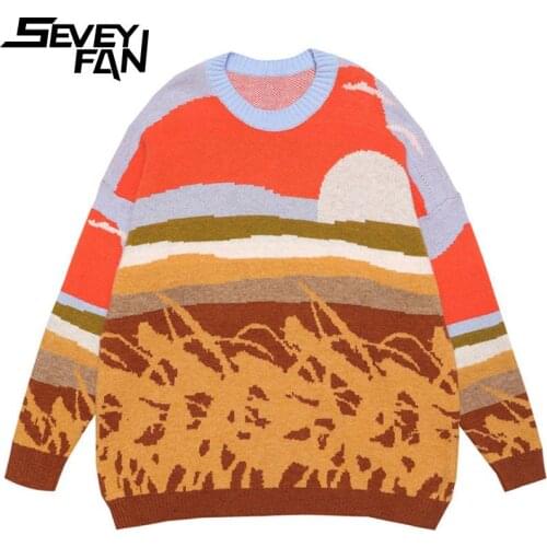 SEVEYFAN Mens Idyllic Scenery Color Contrast Sweater BF Loose Knitwear Pullover for Couples