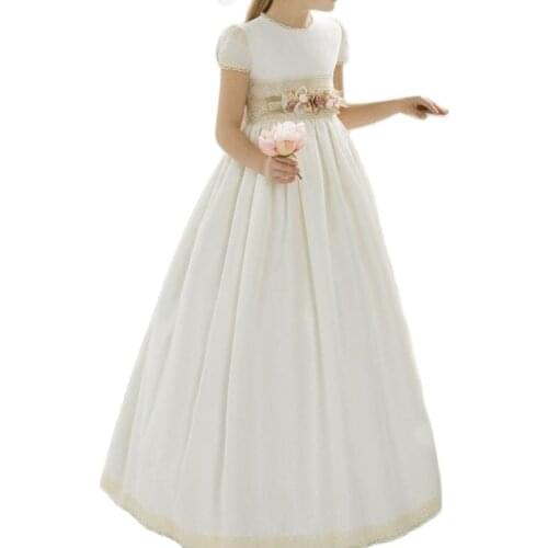 2021 Newest pageant dresses first communion dresses for girls White Satin Lace Empire Flower Girl for weddings girls