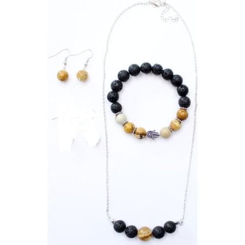 New design 10mm Black Lava stone Beads hamsa hand beads bracelet & necklace & earring jewelry sets