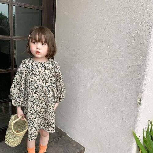 Girls Clothes 2021 Autumn Girls' Korean Cute Little Fresh Broken Flower Turn-down Collar Long Sleeve Casual Pullover Dress