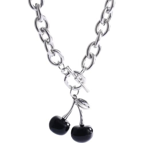 TIMEONLY Diablo Black Color Cherry Pendant Necklaces Chunky Cuban Hollow Chain Korean Style Neckalce Fro Women Ladies Jewelry