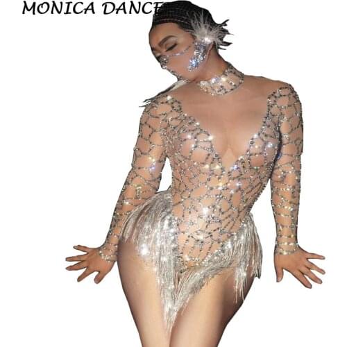 Sexy Sparkly Rhinestone Fringe Transparent Bodysuit for Women Dancer Show Leotard Celebrate Outfit Prom Bar Birthday Costumes