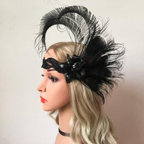 1920s Flapper Headband Roaring 20s Headpiece Peacock Feather Headwear