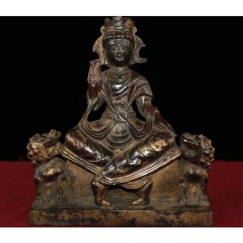 9" Tibet Buddhism Old Bronze Lacquer Cinnabar Free Tara Lion statue guardian Green Tara statue Enshrine the Buddha