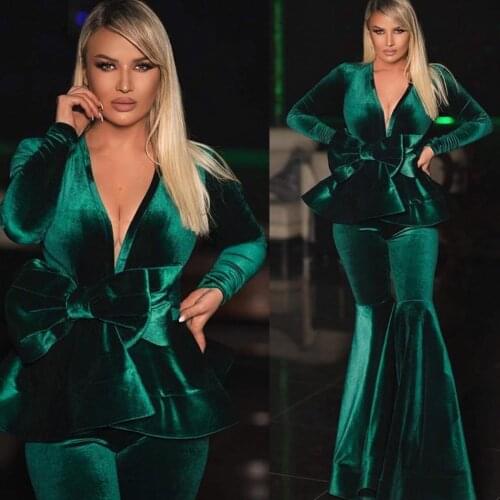 Dark Green Velvet Evening Dresses 2 Pieces V Neck Ruffles Long Sleeve Prom Gowns Plus Size Sexy Formal Party Dress